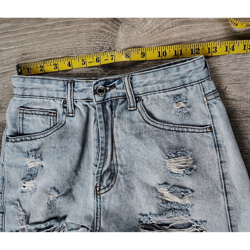 Shein XS Distressed Jean Shorts Light Blue Cutoff Raw Hem High Rise Denim 2in - Picture 4 of 7